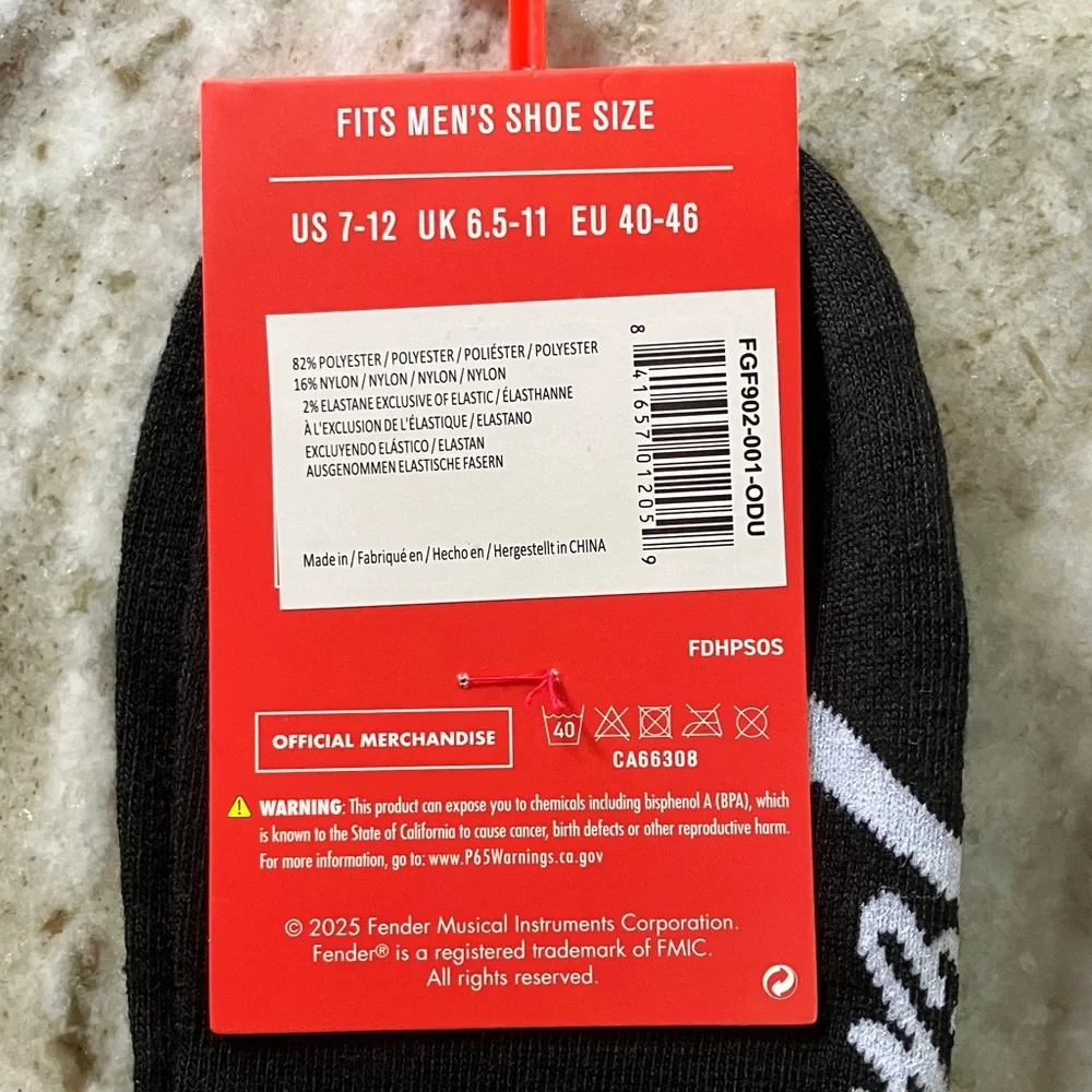 Fender Black and Red Guitar Design Socks 2 pair (1-ankle, 1-crew)